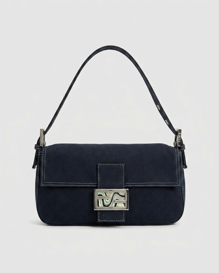 Torebka Fendi Baguette, granatowe płótno, emaliowana klamra