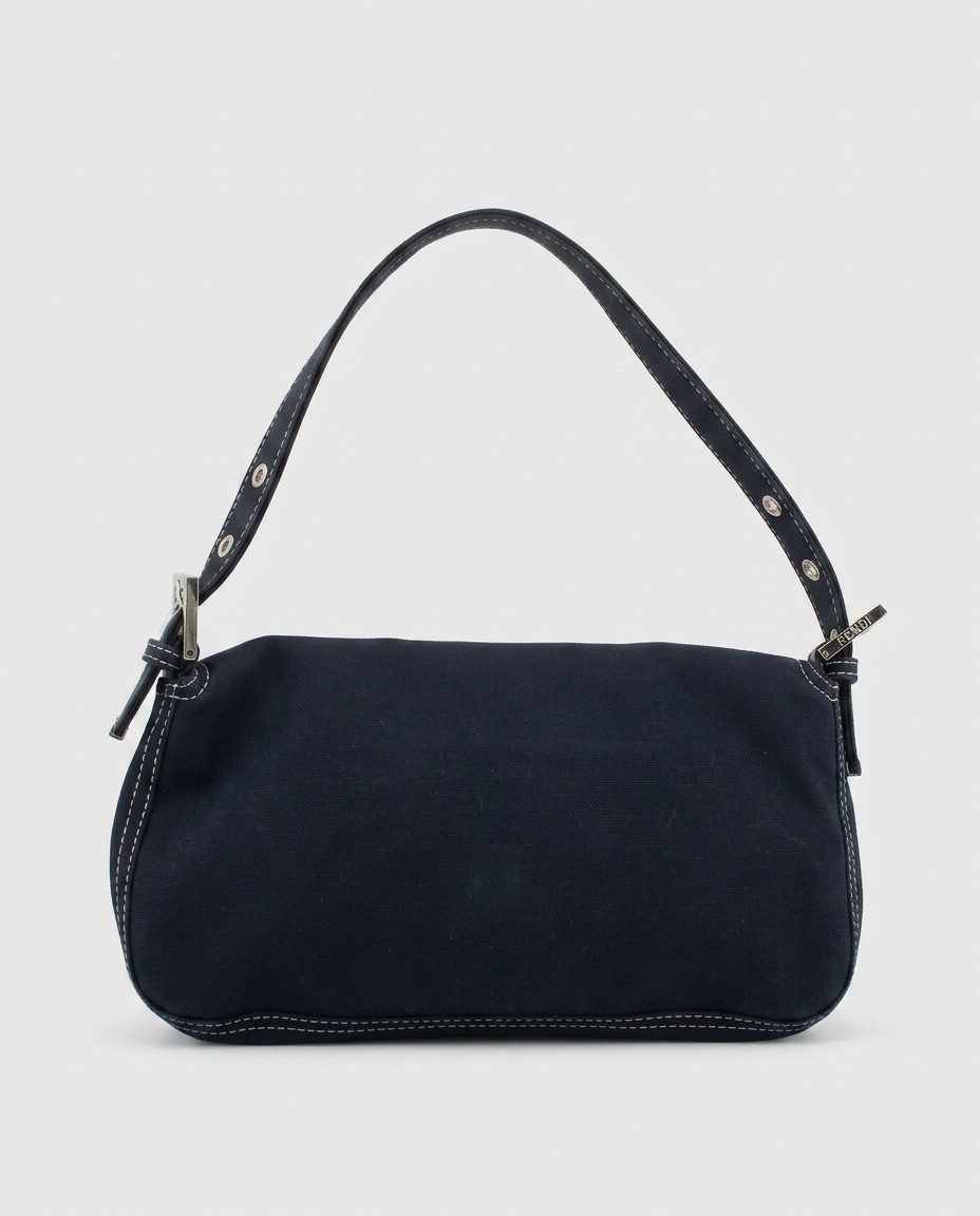 Torebka Fendi Baguette, granatowe płótno, emaliowana klamra