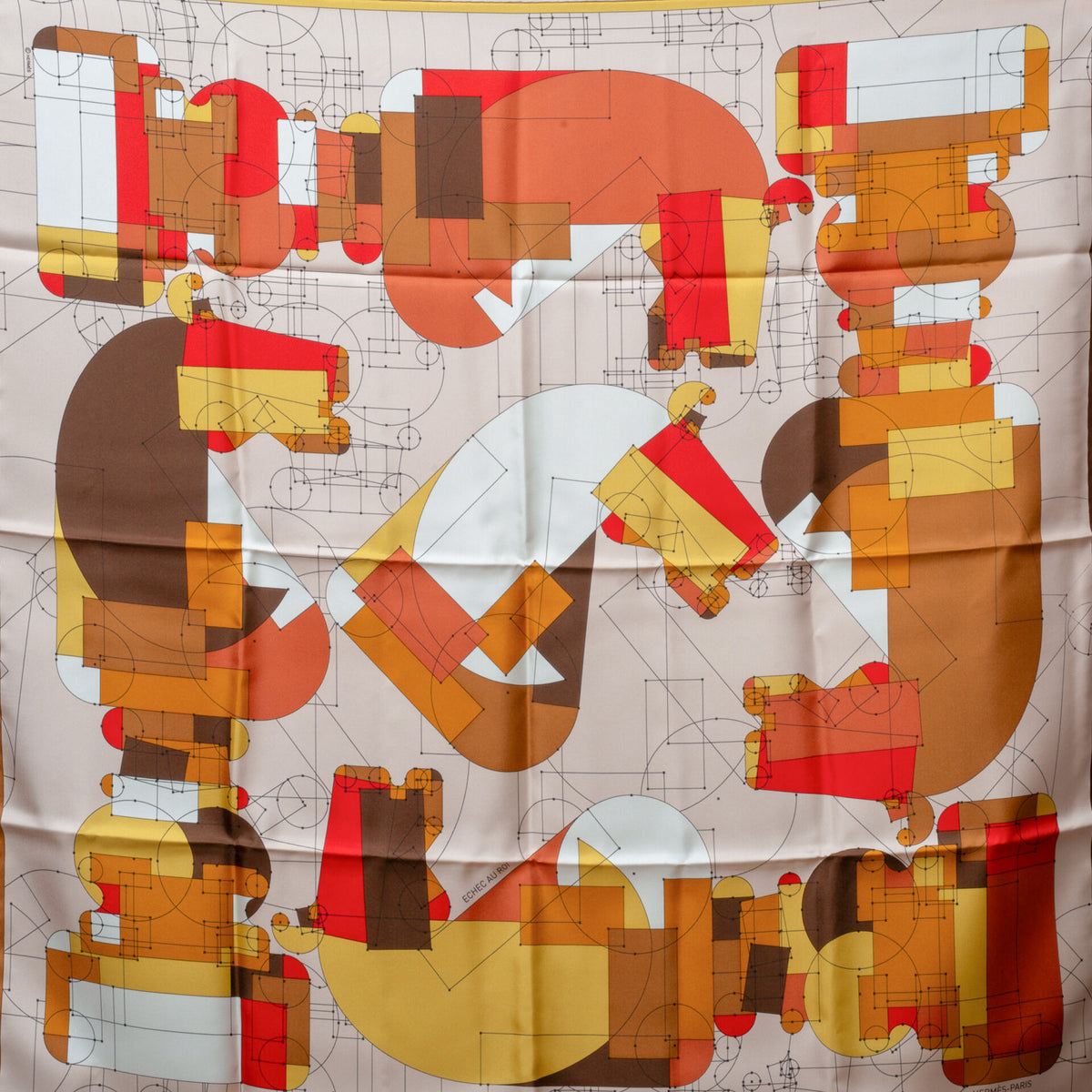 Hermès Échec au Roi scarf – beige, brown, red, chess motif, 90 cm