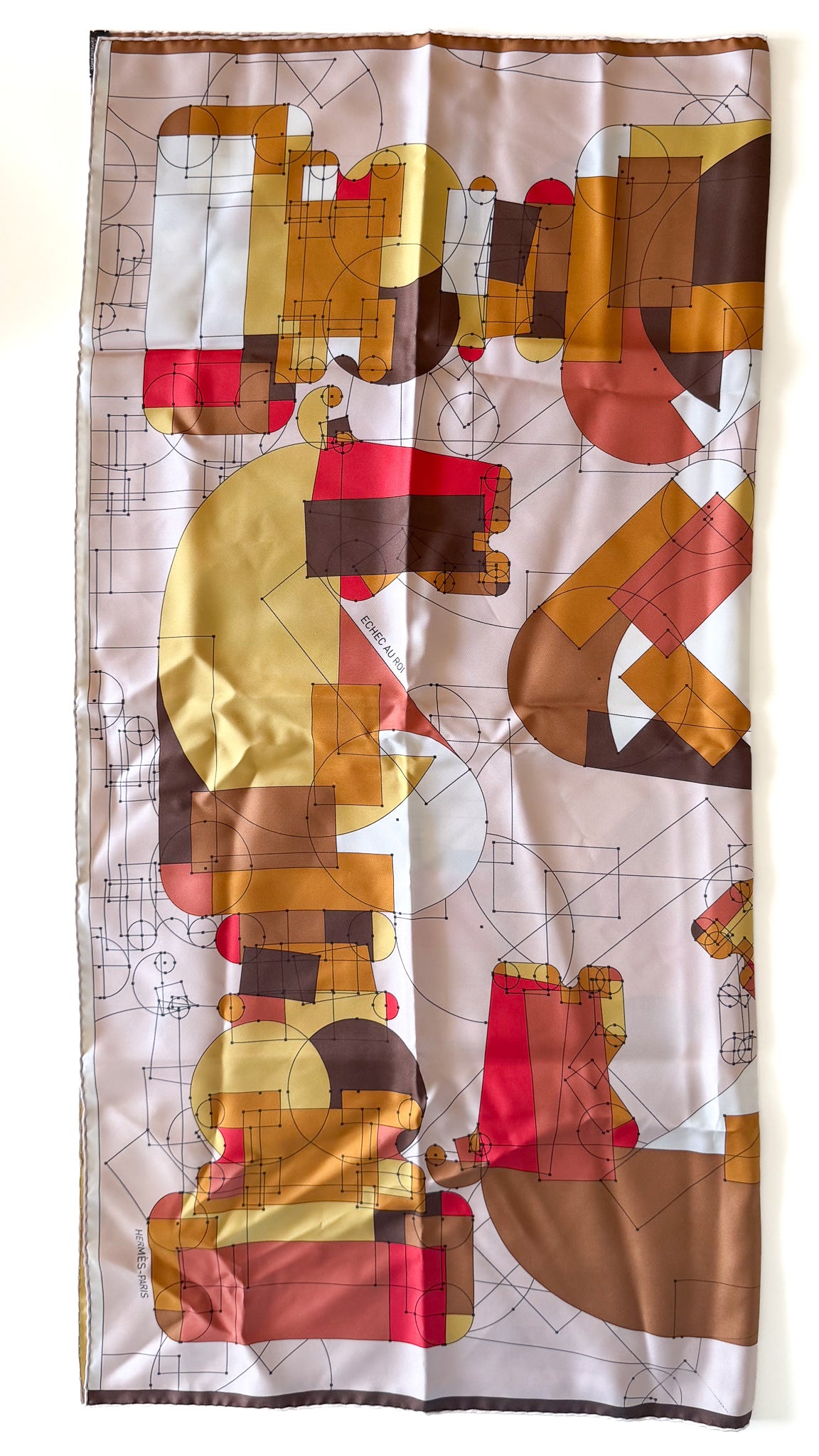 Hermès Échec au Roi scarf – beige, brown, red, chess motif, 90 cm