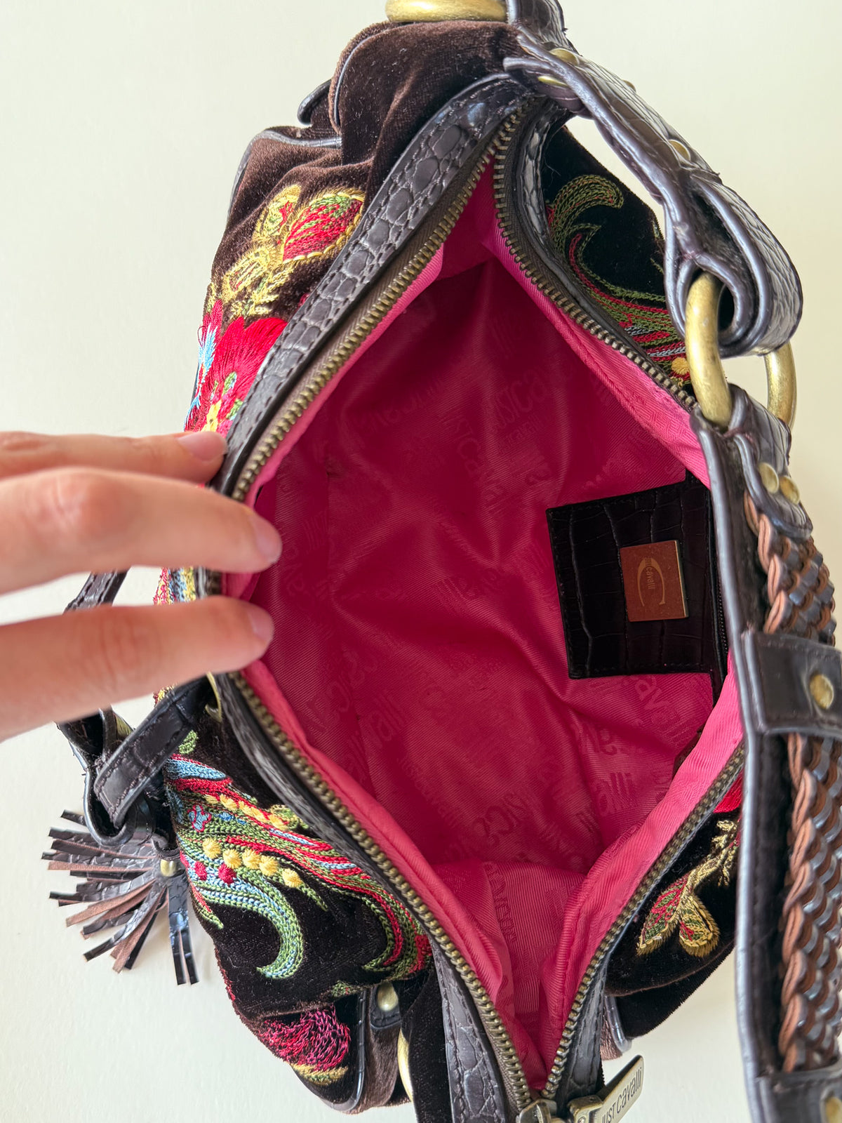 Just Cavalli 2000s vintage shoulder bag, floral embroidered velvet
