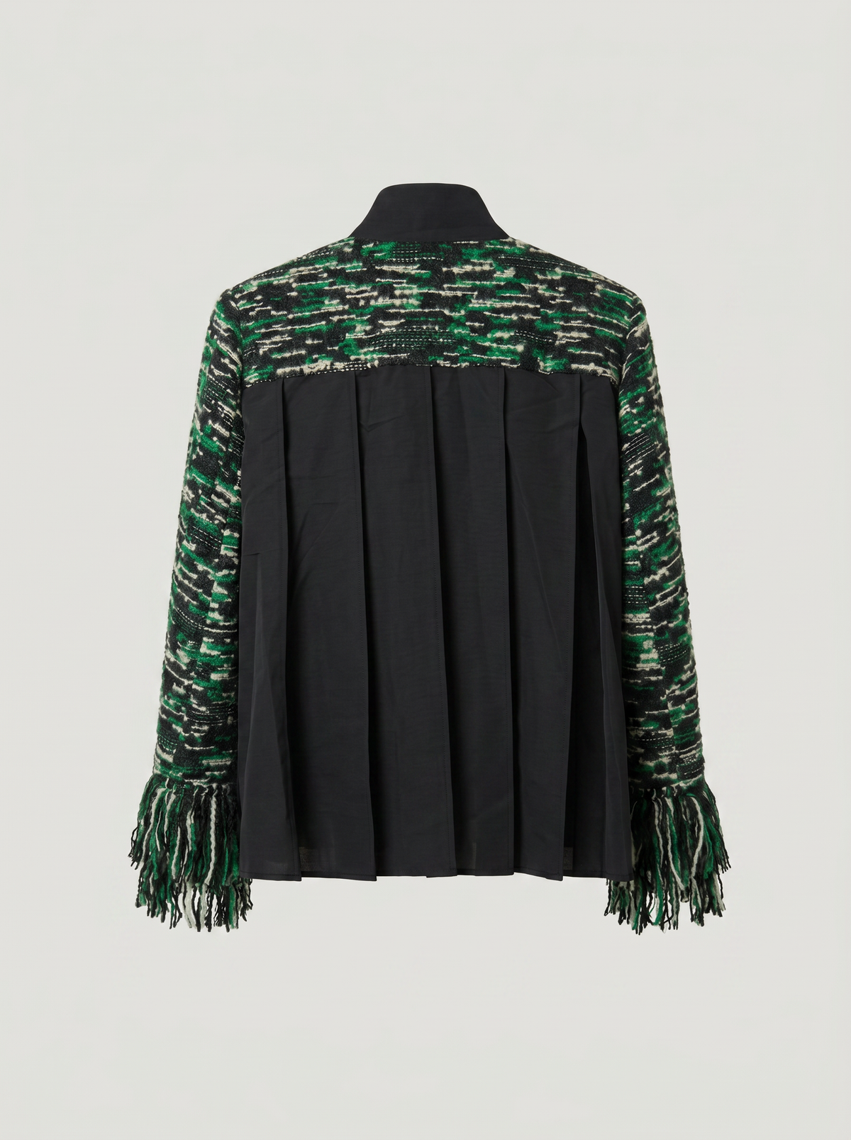 Kurtka Sacai FW24, frędzlowy tweed, zielony hybrydowy fason, rozmiar 2