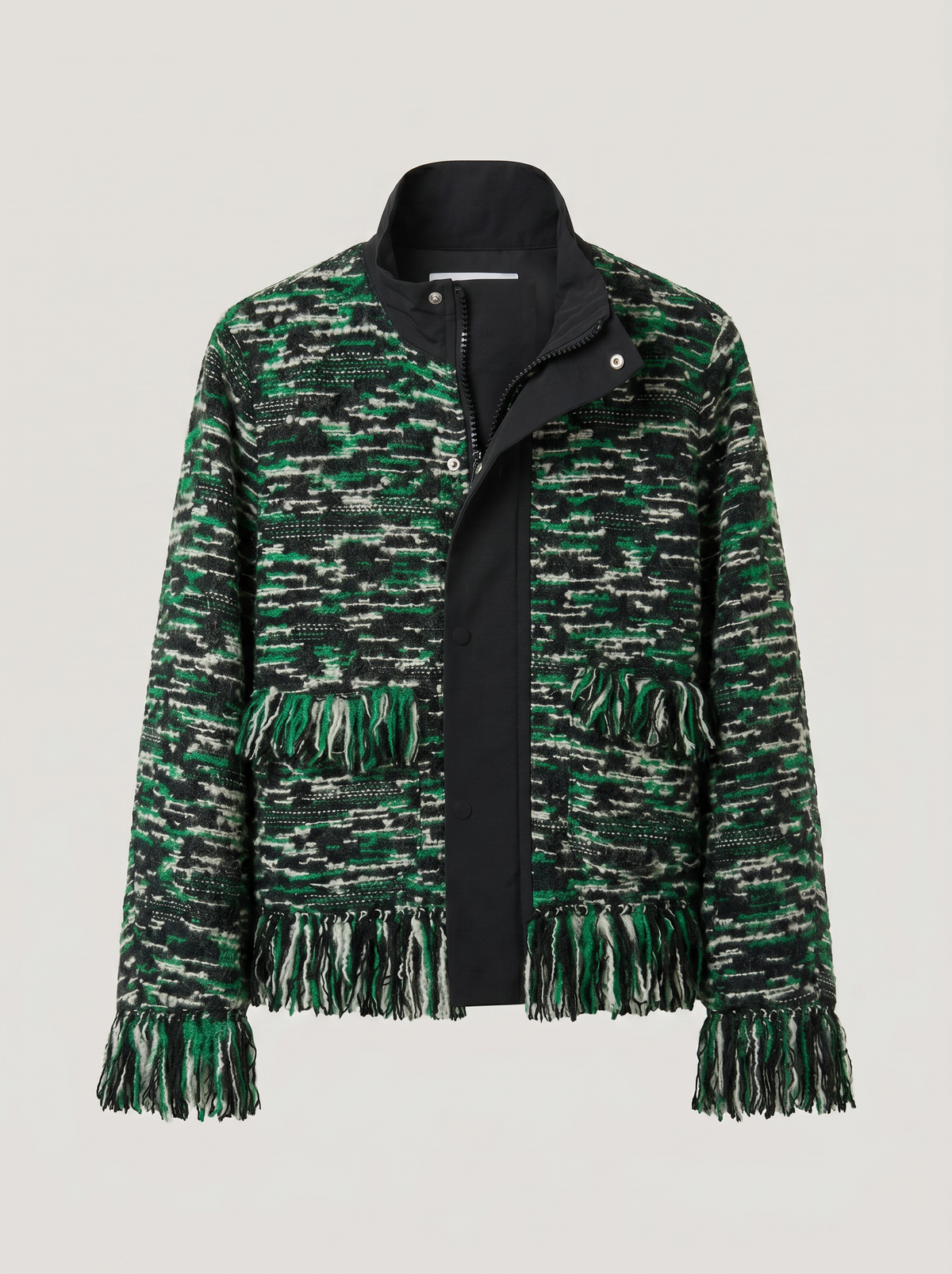 Kurtka Sacai FW24, frędzlowy tweed, zielony hybrydowy fason, rozmiar 2