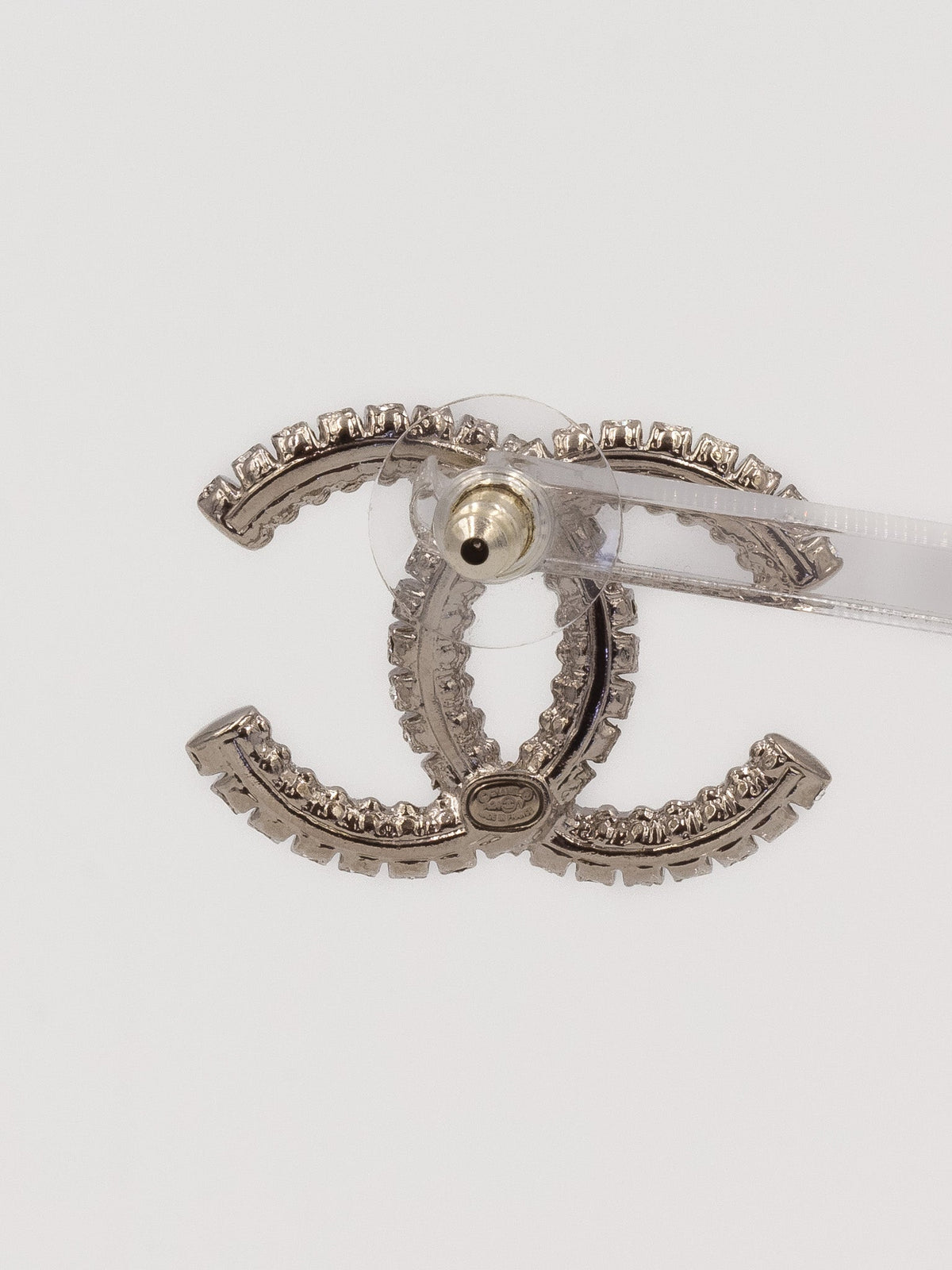 Chanel srebrne kolczyki CC z kryształkami Chanel